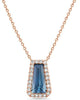 Rose Gold Coffin Shaped London Blue Topaz, Diamond Pendant Necklace.