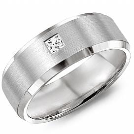 White Gold Diamond Mens Band. 0.10 Ct Total Diamond Weight. With Brushed Finish And High Polish, Bevelled Edge