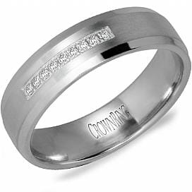 White Gold Diamond Mens Band. 0.07 Ct Total Diamond Weight. With Brushed Finish And High Polish, Bevelled Edge