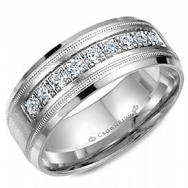 White Gold Diamond Mens Band. 0.45 Ct Total Diamond Weight. With Brushed Finish And Milgrain Texture