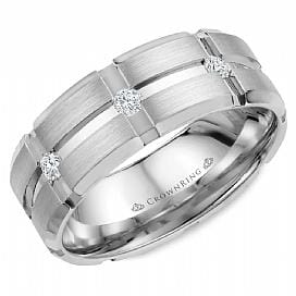 White Gold Diamond Mens Band. 0.15 Ct Total Diamond Weight. With Brushed Finish And High Polish, Bevelled Edge