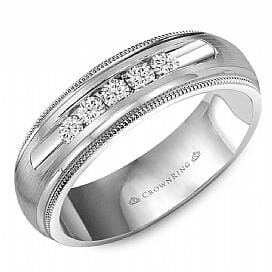 White Gold Diamond Mens Band. 0.35 Ct Total Diamond Weight. With Brushed Finish And Milgrained Edge