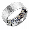 White Gold Diamond Mens Band. 0.03 Ct Total Diamond Weight. With Frosted Hammered Finish And High Polish, Bevelled Edge