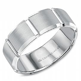White Gold Mens Band. Comfort Fit With Brushed Finish And High Polish, Bevelled Edge