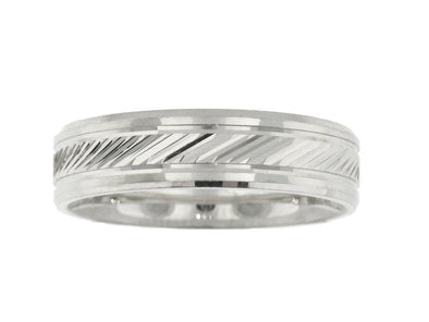 White Gold Textured Mens Band. 6.0mm Wide.
