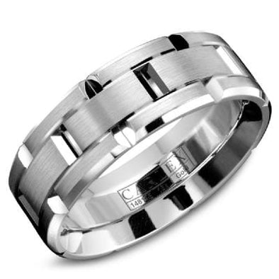 White Gold Mens Band. With Brushed Finish And High Polish, Bevelled Edge