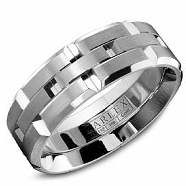 White Gold Mens Band. With Brushed Finish And High Polish, Bevelled Edge