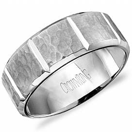 White Gold Mens Band. With Hammered Texture
