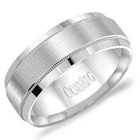 White Gold Mens Band. With Brushed Finish And Milgrained Texture