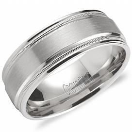 White Gold Mens Band. With Brushed Finish And Milgrained Texture