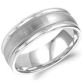 White Gold Mens Band. With Brushed Finish And Milgrained Texture