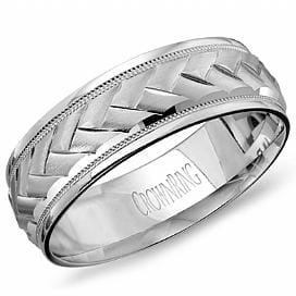 White Gold Mens Band. Textured With Frosted Finish, Milgrain Inlay And High Polish Edge