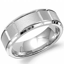 White Gold Mens Band. With Sandblast Finish And High Polish, Bevelled Edge