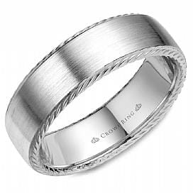 White Gold Mens Band. With Brushed Finish And Milgrained Edge