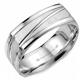 White Gold Mens Band. Comfort Fit With Brushed Finish And Bevelled Edge