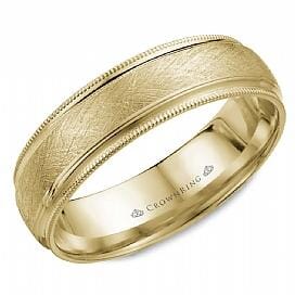 Yellow Gold Mens Band. Comfort Fit With Diamond Brushed Finish And Milgrained Edge