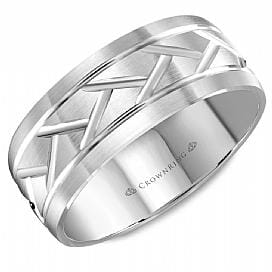 White Gold Mens Band.Comfort Fit With Textured Design And Brushed Finish
