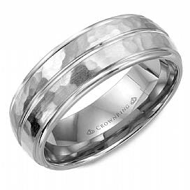 White Gold Mens Band. Comfort Fit With Hammered Texture