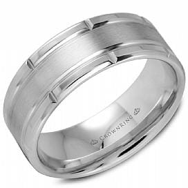 White Gold Mens Band. Comfort Fit With Brushed Finish And High Polish, Bevelled Edge