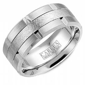White Gold Mens Band. Comfort Fit With Diamond Brushed Texture And High Polish, Bevelled Edge