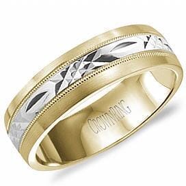 Yellow Gold Mens Band. Diamond Cut With Milgrain Inlay And Brushed Edge