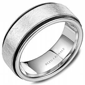 White Gold Mens Band. Black Enamel Edge With Diamond Brushed Finish