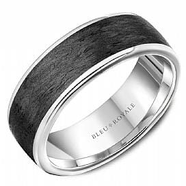 White Gold Mens Band. With Forged Carbon Fiber Inlay