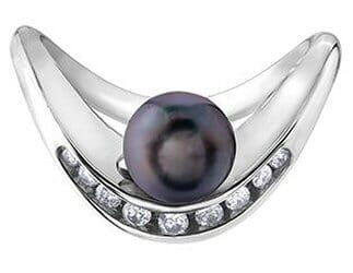 White Gold Black Cultured Pearl, Diamond Ring. 0.13Ct Total Diamond Weight.