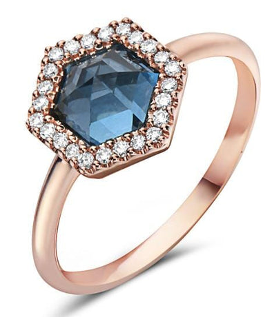 Rose Gold Hexagon Cut London Blue Topaz, Diamond Ring.