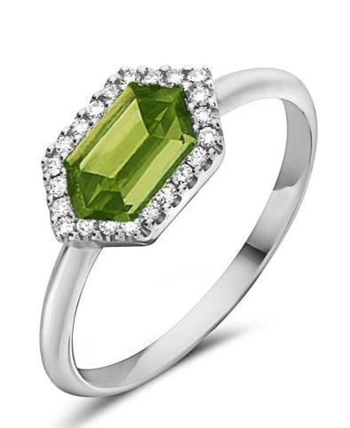 White Gold Elongated Hexagon Peridot, Diamond Ring.