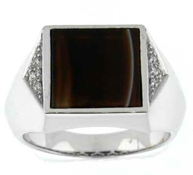 White Gold African Agate, Diamond Mens Ring.