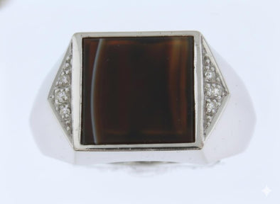 White Gold Genuine Banded African Agate & Diamond Mens Ring.