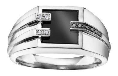 White Gold Black & White Diamond, Onyx Mens Ring.