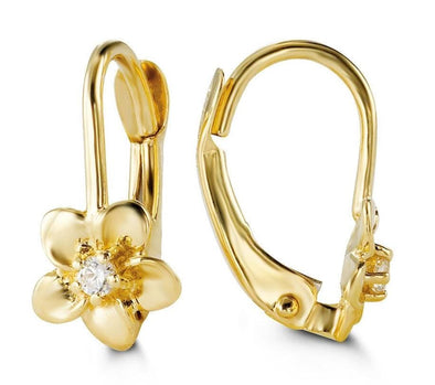 Yellow Gold Baby / Childrens Cubic Zirconia Flower Lever Back Earrings.