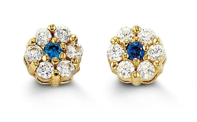 Yellow Gold Baby / Childrens Cubic Zirconia Blue Flower Stud, Screwback Earring