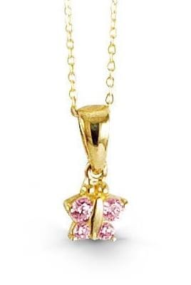 Yellow Gold Baby / Childrens Cubic Zirconia Butterfly Pendant Necklace.