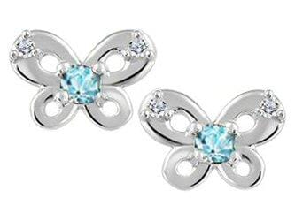 White Gold Baby / Childrens Diamond, Aquamarine "Butterfly" Stud Earrings.