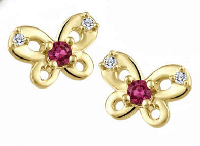 Yellow Gold Baby / Childrens Pink Topaz, Diamond Butterfly Stud Earrings.