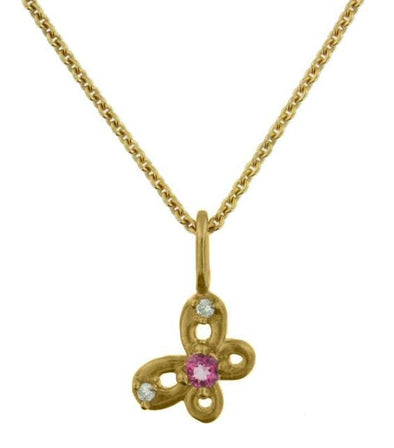 Yellow Gold Baby / Childrens Pink Topaz, Diamond Butterfly Pendant Necklace.