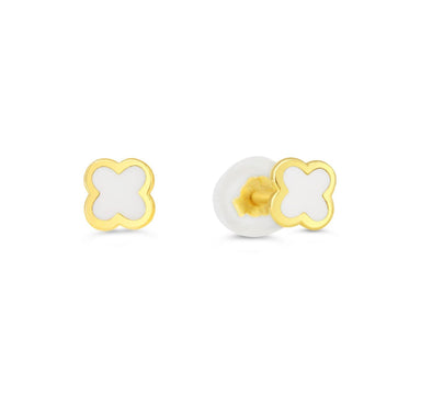 Yellow Gold Baby / Childrens Enamel Clover Stud Earrings.