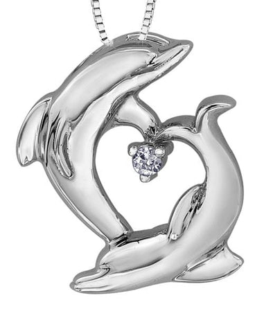 White Gold Diamond Dolphin Pendant Necklace. 0.07 Center Total Diamond Weight.