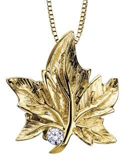 Yellow Gold Canadian Diamond Maple Leaf Pendant Necklace.