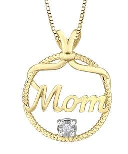 Yellow Gold Diamond "Mom" Circle Pendant Necklace.