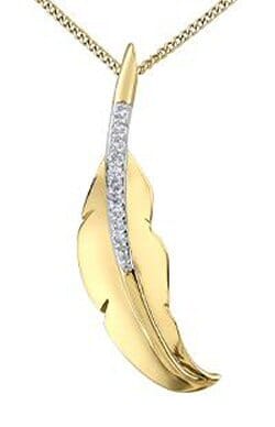 Yellow Gold Diamond Feather Pendant Necklace.