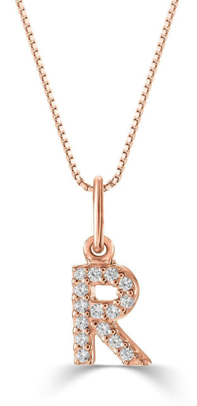 Rose Gold Diamond "R" Initial Pendant Necklace.
