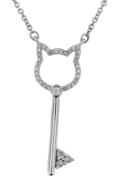 White Gold Diamond Cat Key Pendant Necklace.