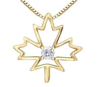 Yellow Gold Canadian Diamond Maple Leaf Pendant Necklace.