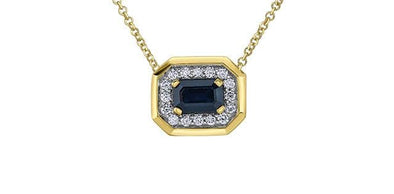 Yellow Gold Blue Sapphire, Diamond Octagon Pendant Necklace.