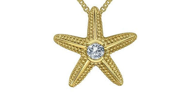 Yellow Gold Canadian Diamond Starfish Drop Pendant Necklace.