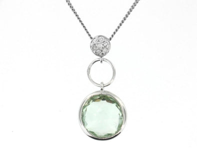 White Gold Green Amethyst, Diamond Pendant Necklace.